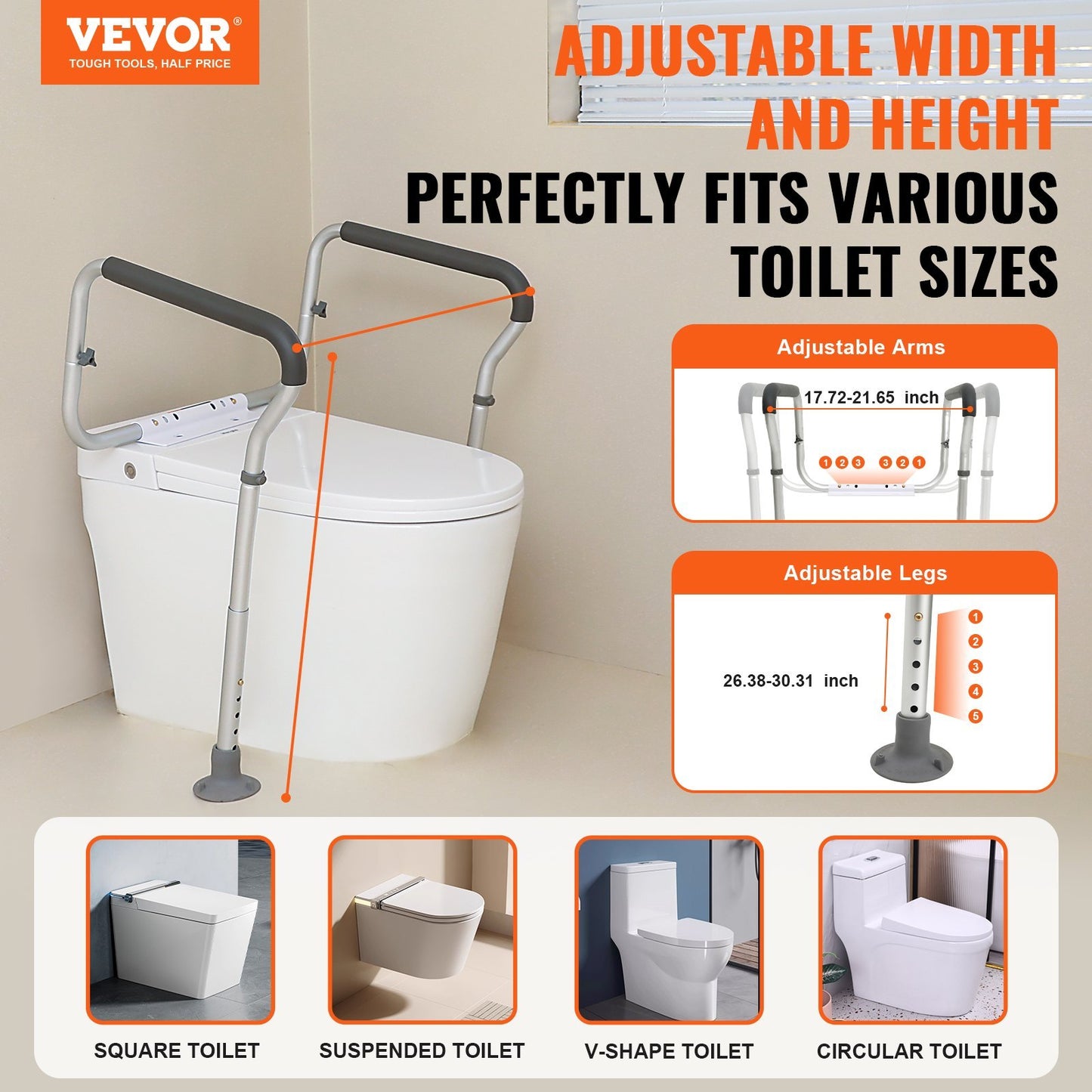 Adjustable Toilet Safety Rail with Padded Armrests and Non-Slip Base