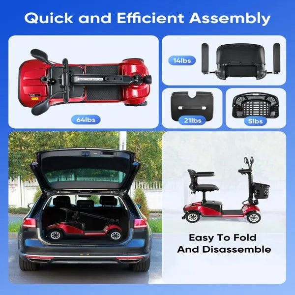 Foldable 4-Wheel Electric Mobility Scooter with Light, Basket, and Smart Safety Features