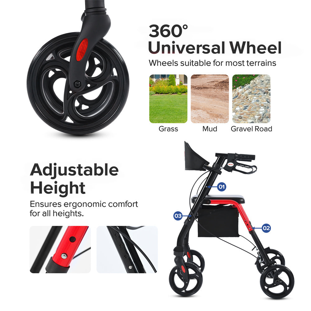 Rollator Walker with Wide Padded Seat, Backrest, and Easy-Fold Design
