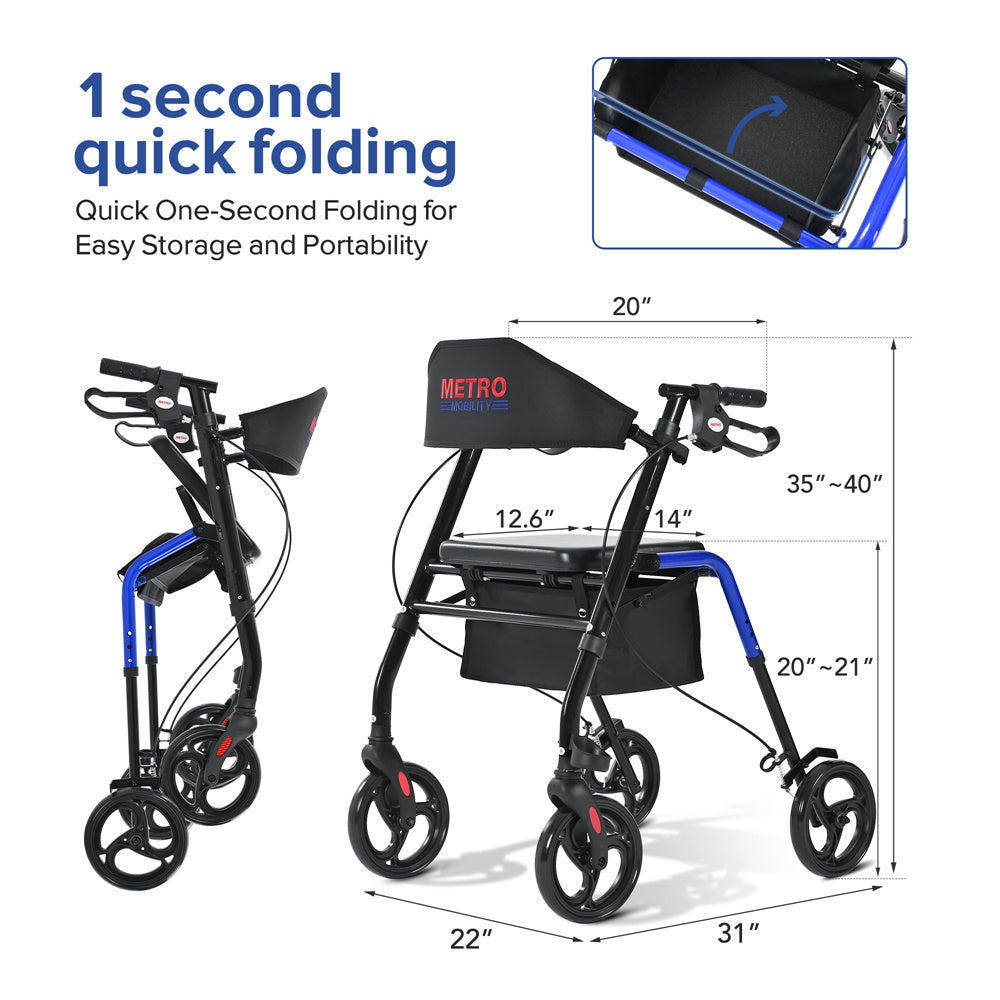 Rollator Walker with Wide Padded Seat, Backrest, and Easy-Fold Design