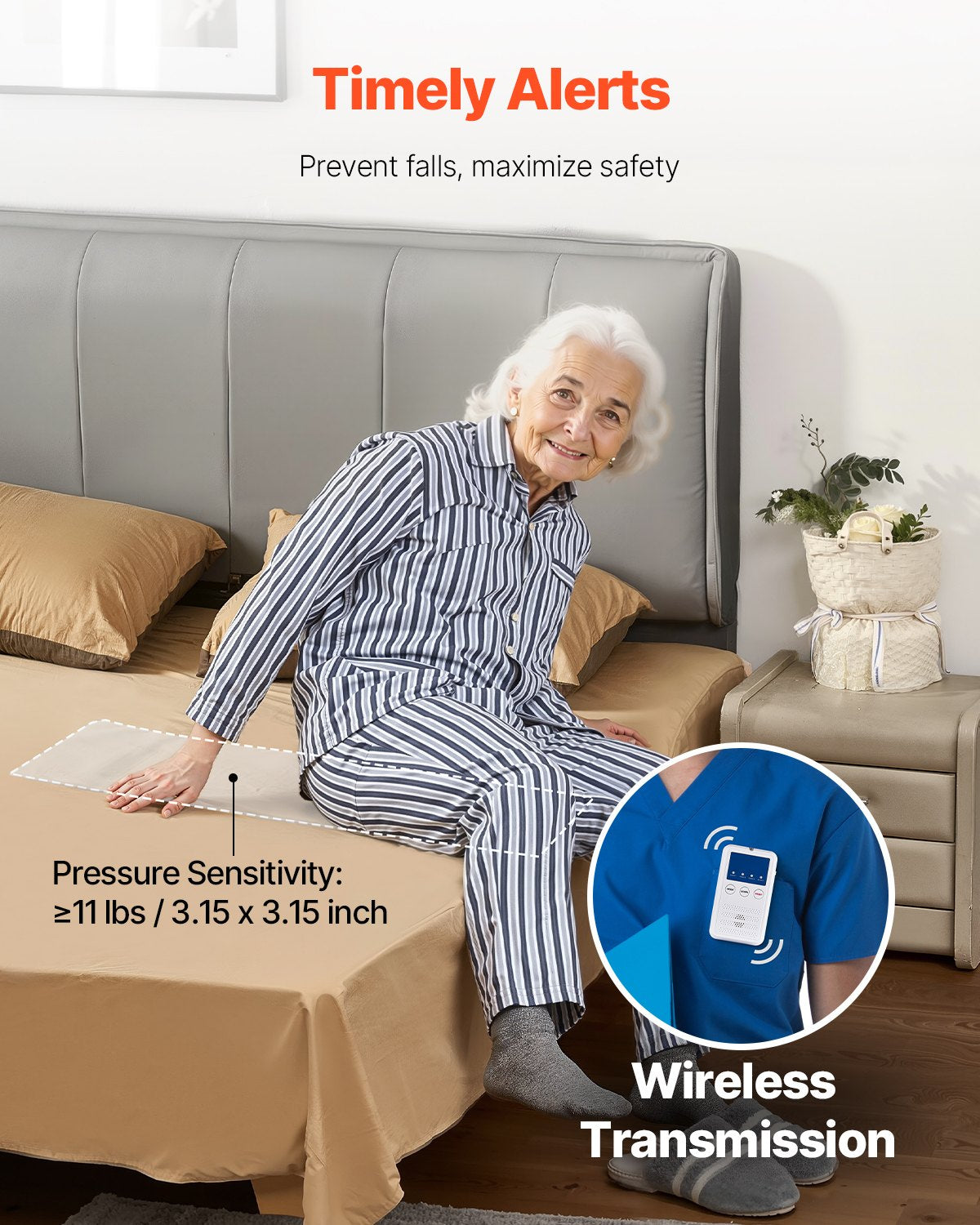 Wireless Bed Alarm System with Sensor Pad, Call Button, and Pager