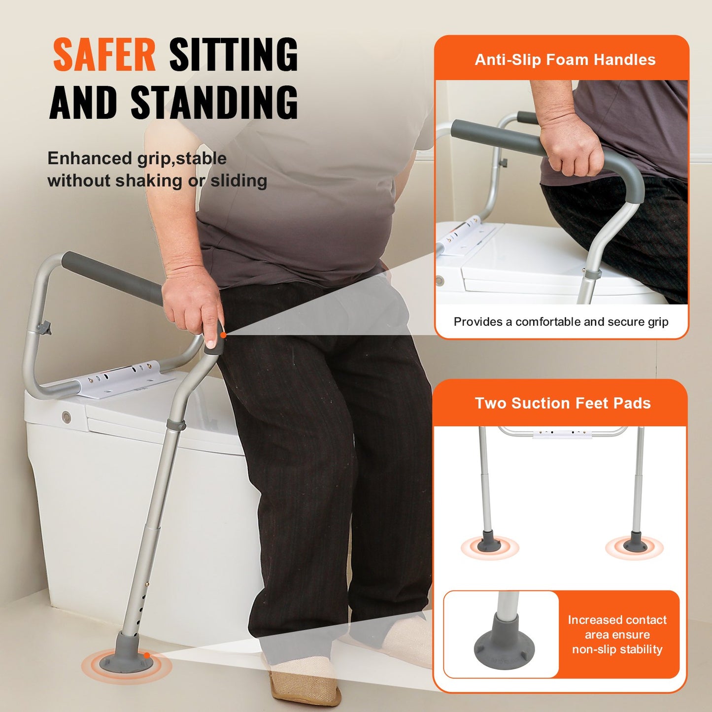Adjustable Toilet Safety Rail with Padded Armrests and Non-Slip Base